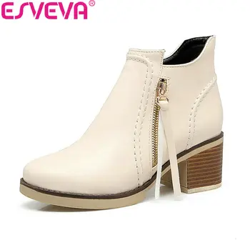 

ESVEVA 2020 Women Boots Square High Heel PU Leather Round Toe Ankle Boots Synthetic Appointment Handmade Ladies Boots Size 34-43