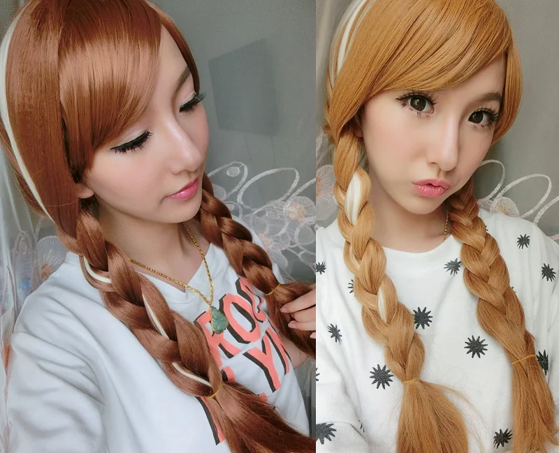 

High Quality Princess Elsa Anna Wig Blonde Brown Braided Heat Resistant Synthetic Hair Halloween Costume Wigs + Wig Cap