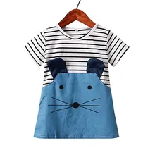 Модное платье в полоску с рисунком мышки; платье принцессы; платье в полоску с короткими рукавами для девочек; одежда с рисунком мышки; F4