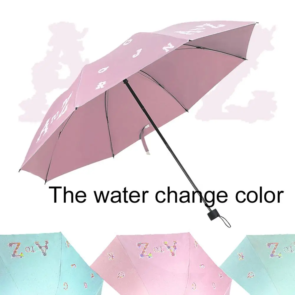 

Water Color Changing Triple Folding Umbrella English Letter Rain Sun Parasol