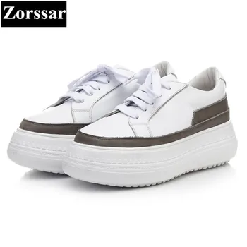 

{Zorssar} 2018 New Fashion Genuine Cow leather Leisure Flat Women sneakers Casual shoes lace up Womens Flats platform shoes