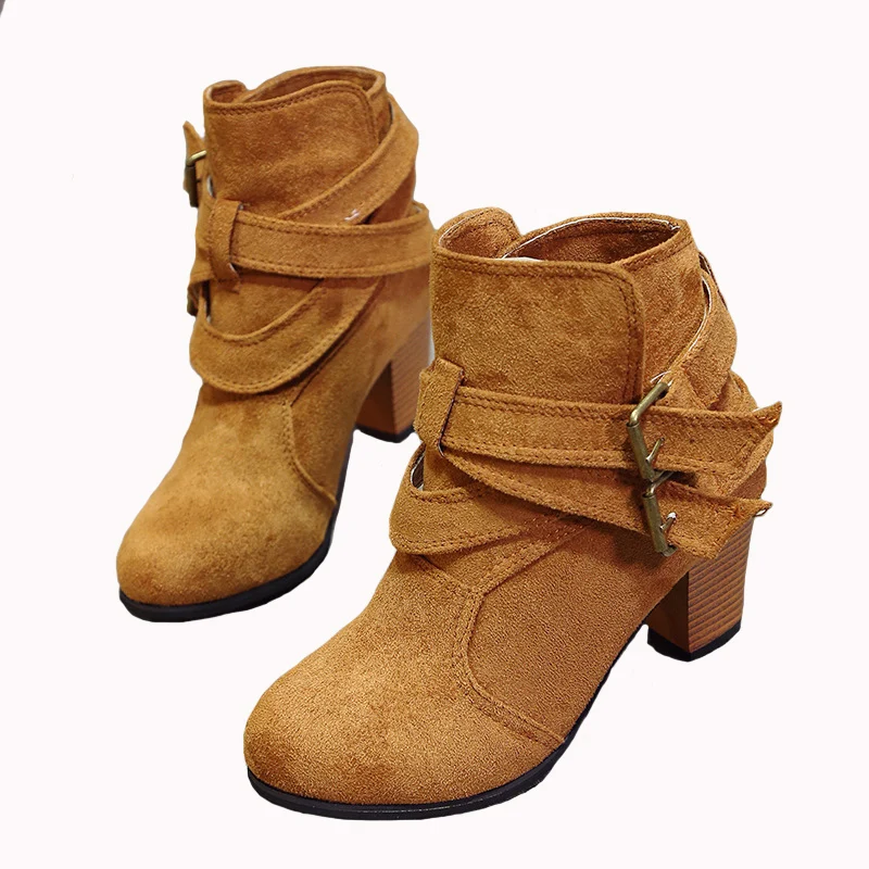 

2019 Autumn And winter Women's Shoes Large Size New High-heeled Short Boots Round Head Short Boots Buckle Female Boots Botines