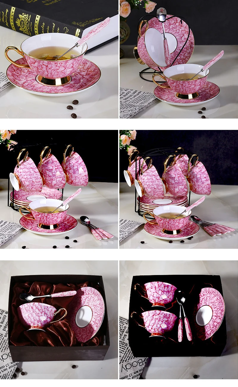 Европейский набор кофейных чашек, розовые Роскошные чашки из костяного фарфора, чайные чашки и блюдца, вечерние чашки Эспрессо для домашнего питья
