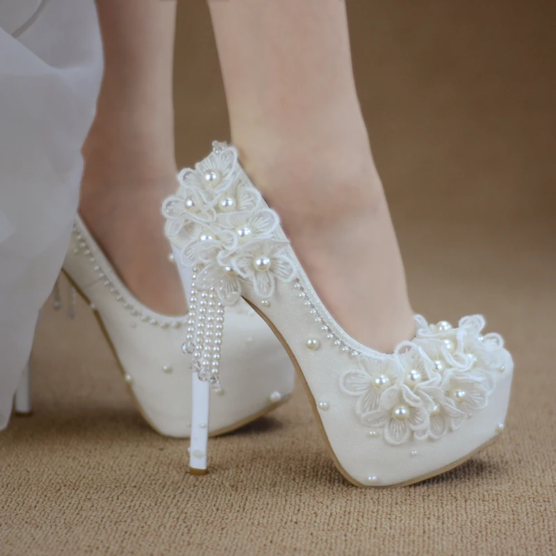 Bridesmaid shoes wedding dress lace white sweet flower tassel female womens shoes 6cm 8cm 11cm 14cm high heel Big size 43