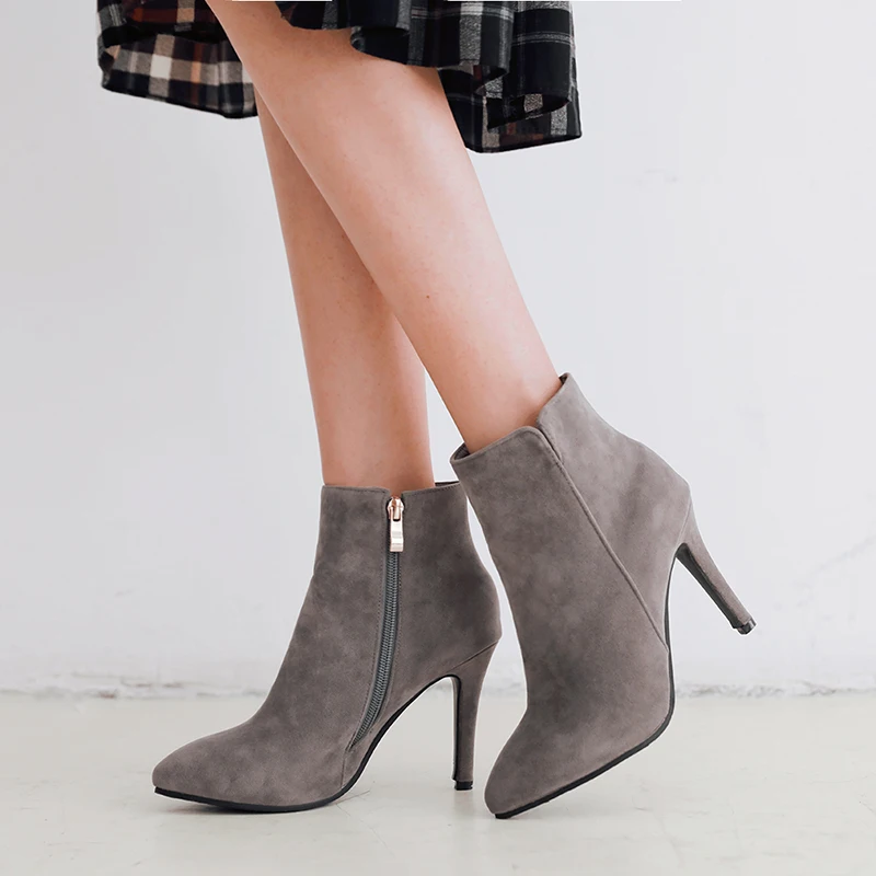 

Autumn Winter New Fashion Woman Boots High Heels women Suede Ankle Boots Sexy Pointed Toe Metal Martin Boots Plus size 34-47