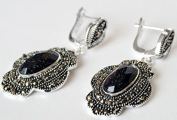 

RETRO VINTAGE 925 SILVER BLUE SAND STONE MARCASITE EARRINGS 11/2" BEST GIFT