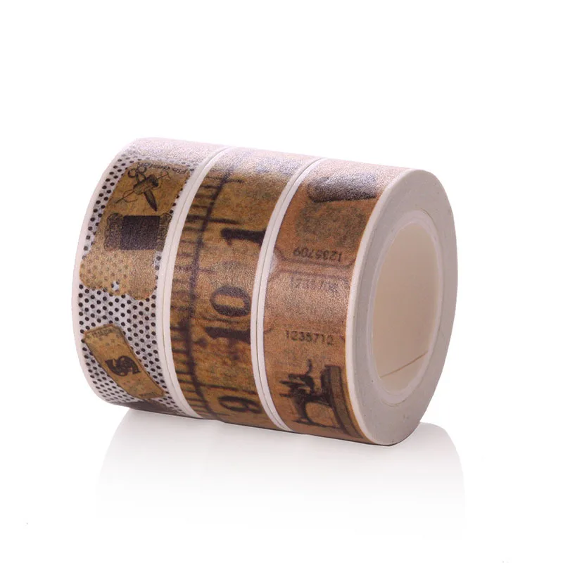 

A single 15mm Wide Japanese Washi Masking Tape in Beautiful Retro Ruler &Sewing Machine Design Planner deco Adhesive Tape 3pcs