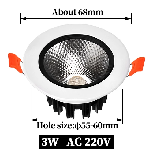 Светодиодный потолочный светильник COB Встраиваемая лампа 3 Вт 5 Вт 7 Вт 9 Вт 12 Вт регулируемый Светодиодный точечный светильник круглая спальня кухня Крытая 220В 220В - Испускаемый цвет: AC 220V 3W