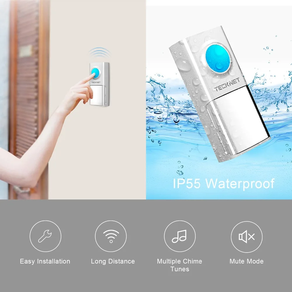 TeckNet Wireless Doorbells Cordless 150M Door Chime Bell Kit IP55 Waterproof with LED Indicator 58 Chimes Melodies EU/UK Plug TeckNet Wireless Doorbells Cordless 150M Door Chime Bell Kit IP55 Waterproof with LED Indicator 58 Chimes Melodies EU/UK Plug