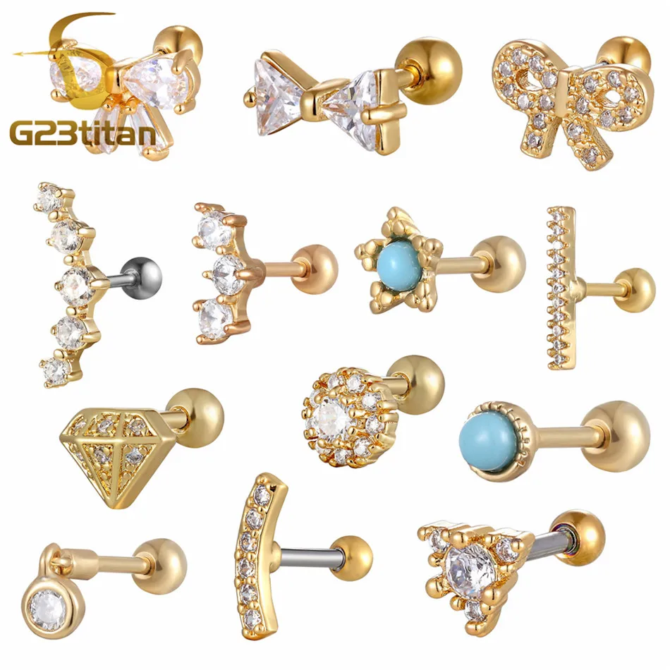 

Gold Color Crystal Ear Tragus Earring 16G 6mm Surgical Steel Labret Studs Pinna Lobe Tragus Helix Ear Piercing Body Jewelry