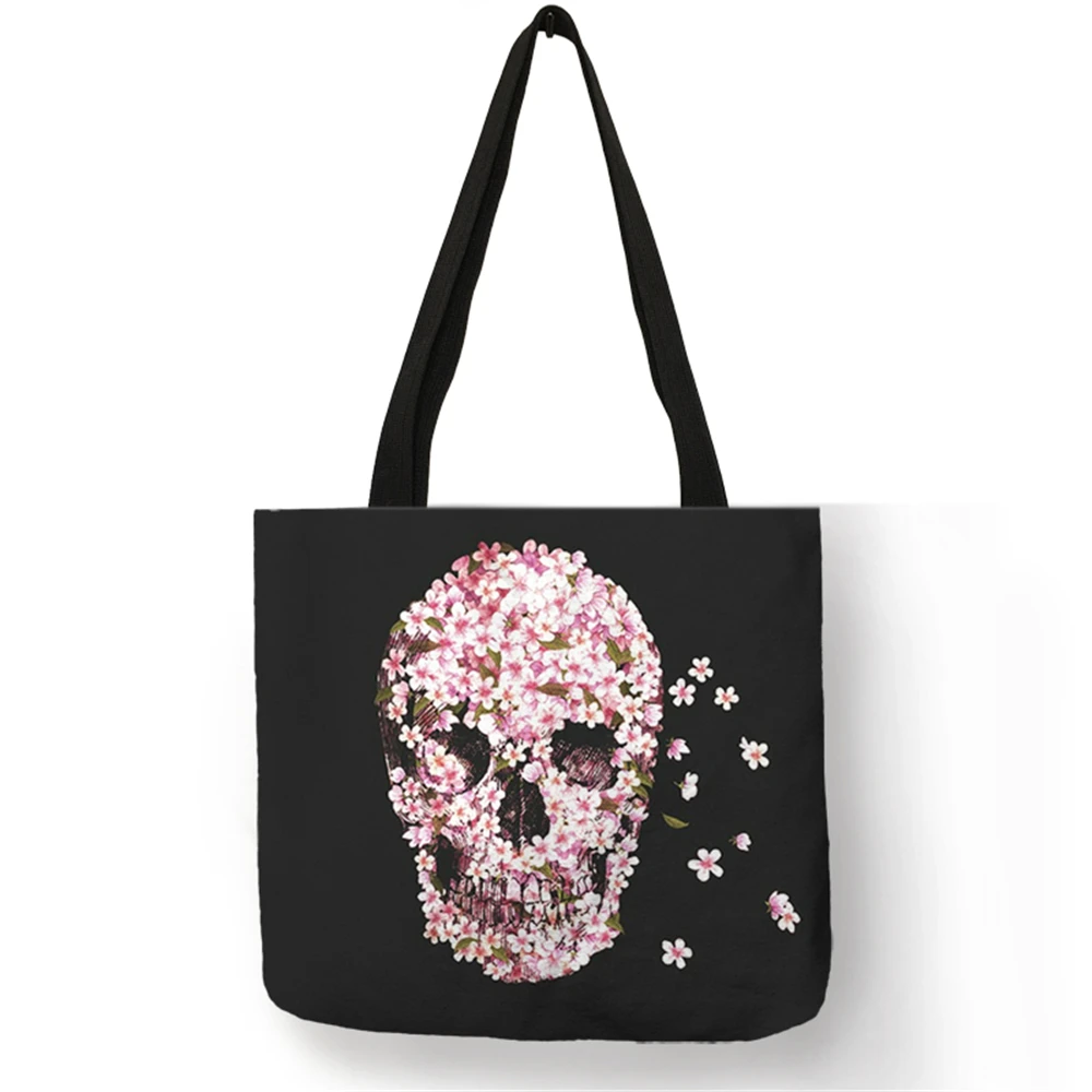 Floral Skull Print Linen Tote Bag Reusable Shopping Bags Folding Women Casual Handbags Lady Fabric Tote Bags