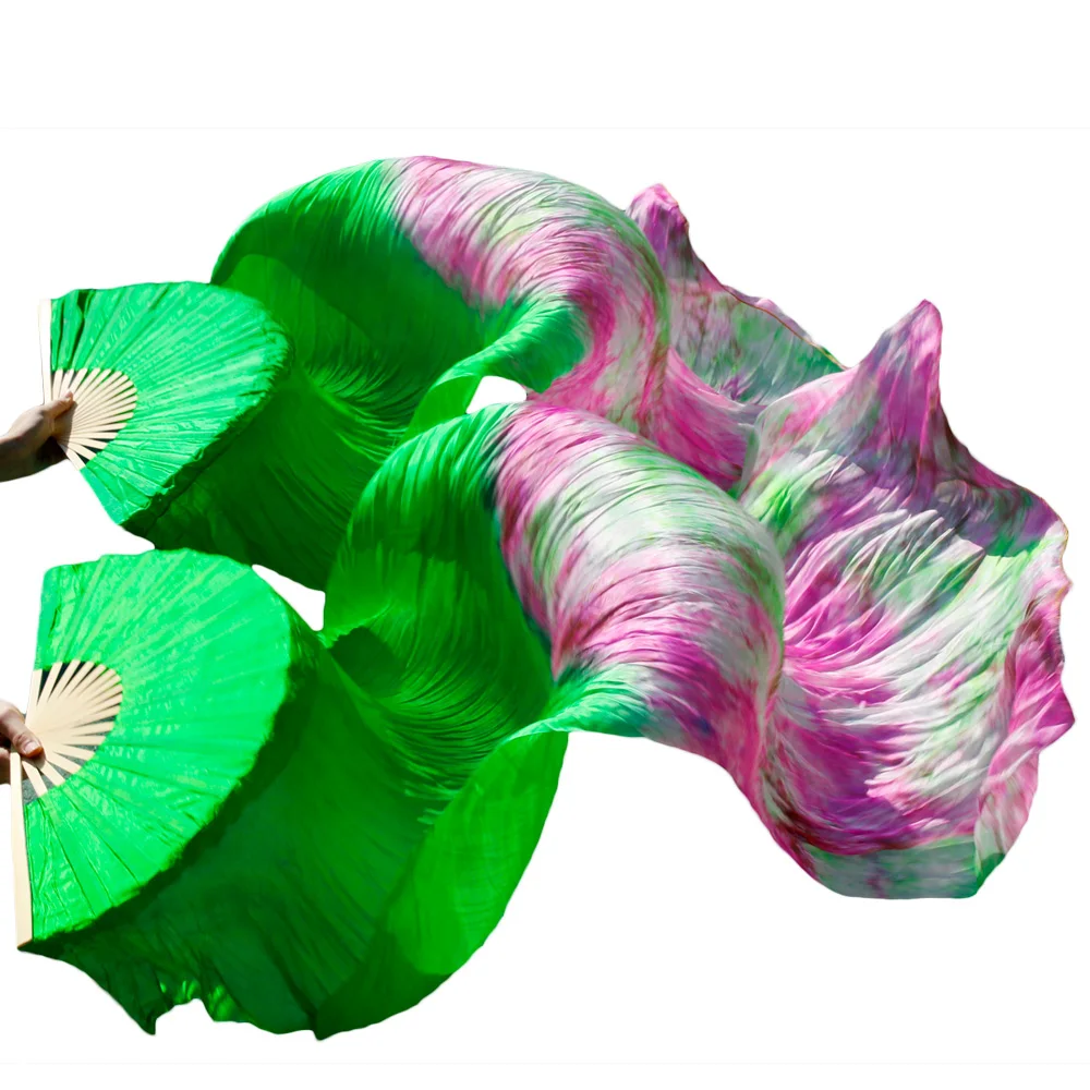 

wholesale 1pc right fans+1 pc left fans 5 size*0.9m(XX"*35") hand painted belly dance silk fan veil, green color mix color