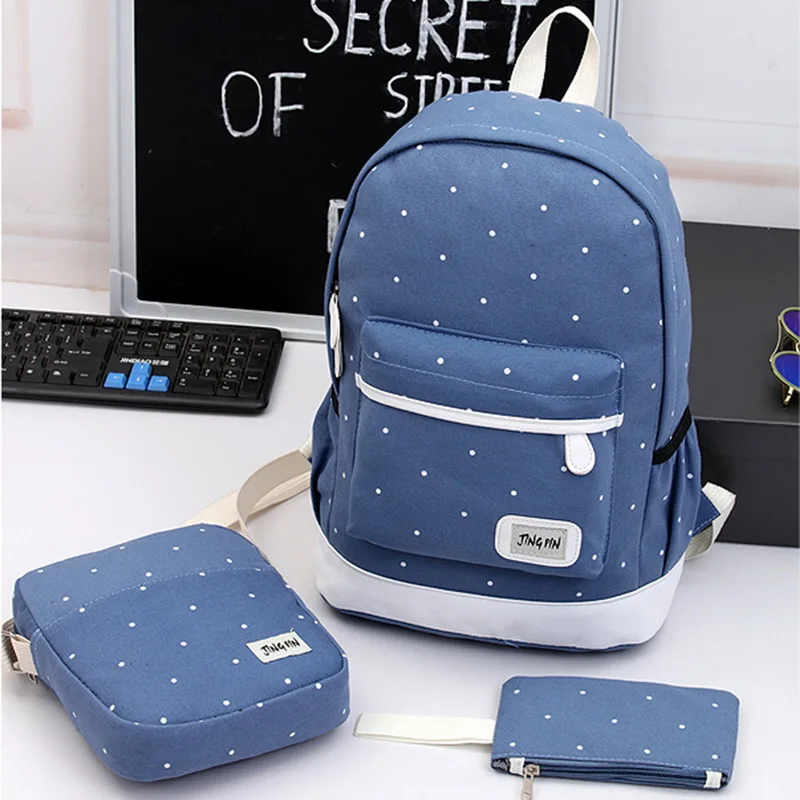 

Unisex Canvas Student Shoulder Bag Three-piece Set School Bag Wave Point Water-proof Travel Backpack