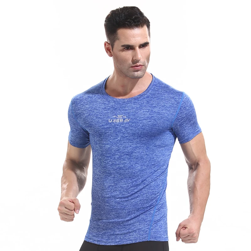 

4083J-Workout fitness men Short sleeve t shirt men thermal muscle bodybuilding wear compression Elastic Slim exercise clothing