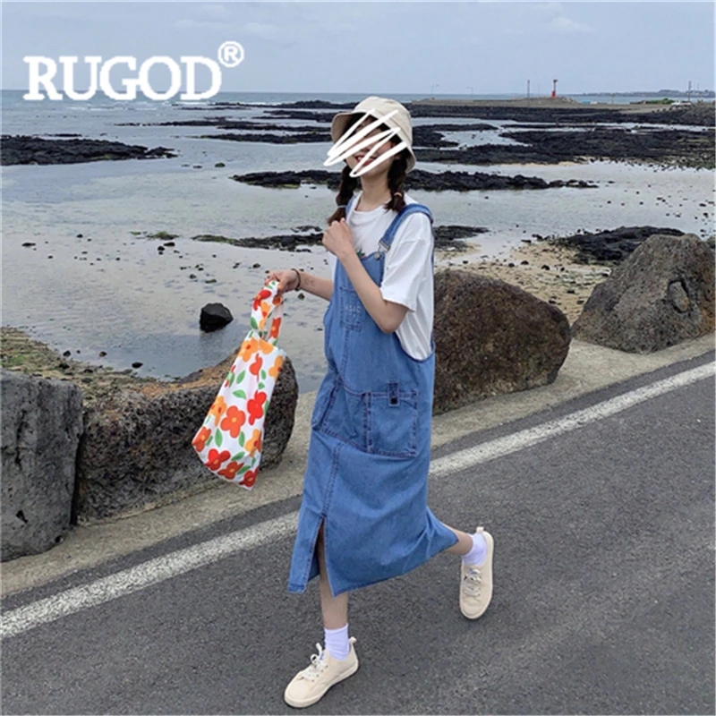 Женское платье макси RUGOD длинное джинсовое на тонких бретельках с вышитыми