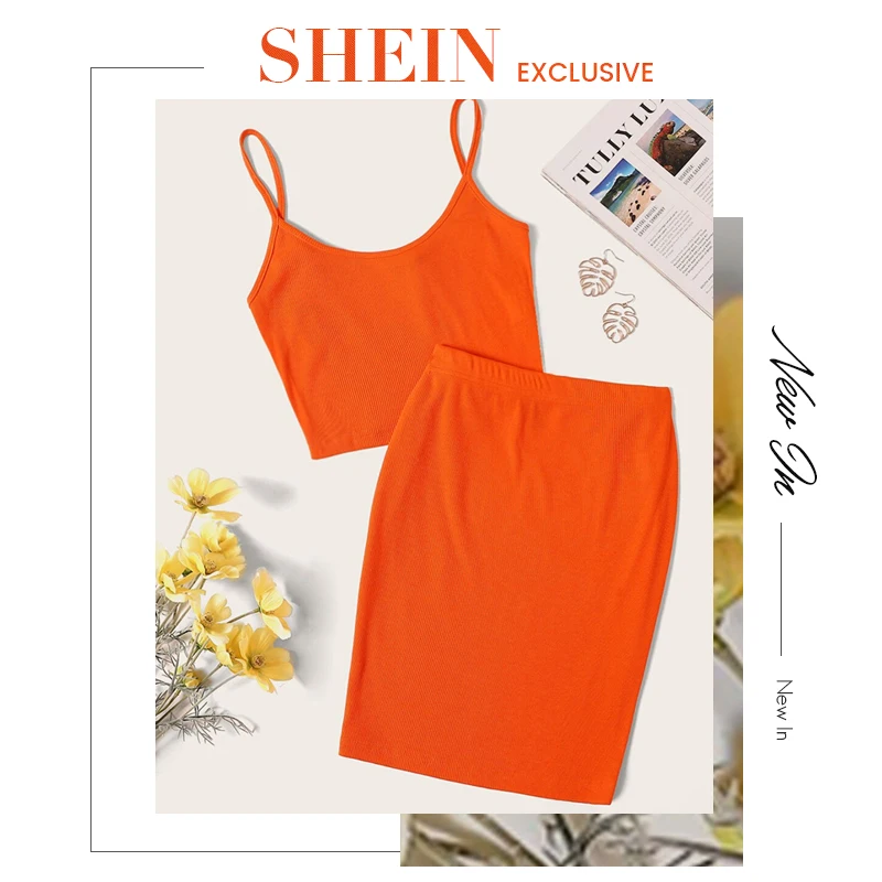 SHEIN неоновый ребристый ТРИКОТАЖНЫЙ УКОРОЧЕННЫЙ ТОП на бретельках и узкая юбка, сексуальный однотонный комплект без рукавов из 2 предметов, Женский комплект на бретельках