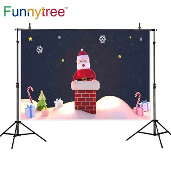 

Funnytree photo background cartoon black sky snow gift red brick chimney Santa Claus kinder baby christmas photophone backdrop