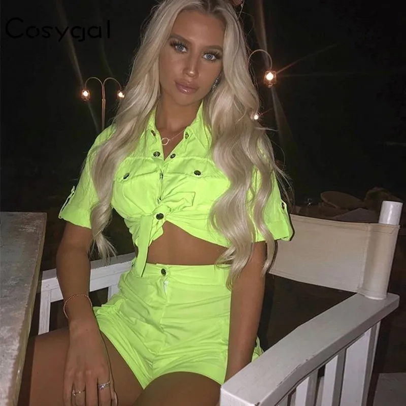 

COSYGAL T Shirt+shorts Two Piece Set Green Streetwear Summer Set Nightclub 2 Piece Set Women Ladies Sexy Two Piece Outfits 2019