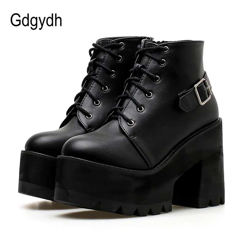 Gdgydh-Botines negros mujer, botas de plataforma con punta redonda y tacón alto grueso, con cordones y hebilla, para primavera y otoño Calzado