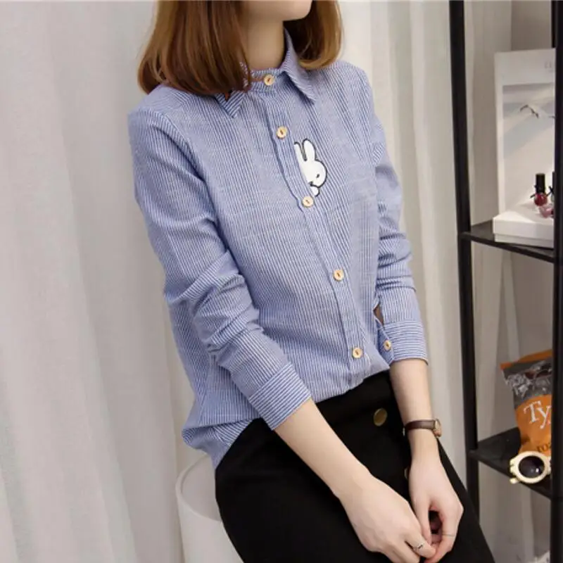 

2019 New Cute Bunny Embroidery Women Blouses Long Sleeve Casual Blue Striped Shirt Women Tops Autumn Cotton Blouse Blusas Mujer