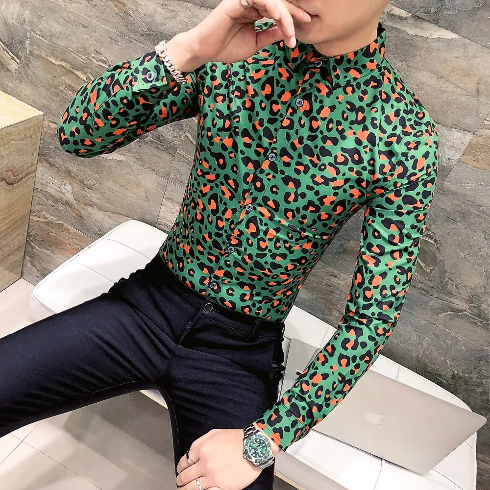 green Brown Chemises Chemise Mens Léopard Homme À Masculina 2019 Print Hiver Print Fit Manches Camisa Slim Hommes Sociale Imprimé Longues Épais Leopard 6Rd6Tnpr