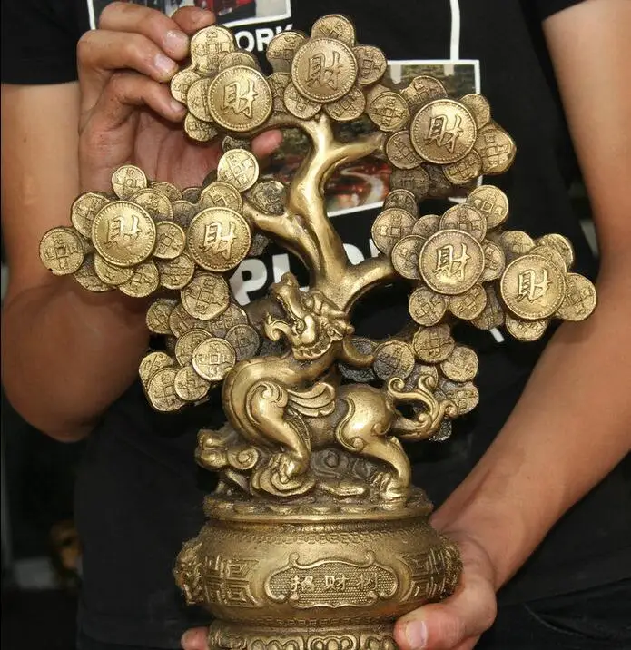 

Details about 13" Old Chinese Copper Pi Xiu Wealth Beast Money Tree treasure bowl Rich Statue