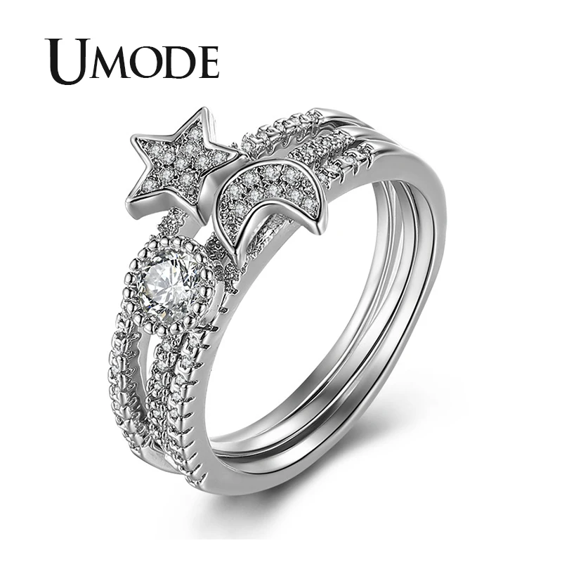 

UMODE 2019 New Fashion Star Moon Sun Paved Clear Zircon Tripple Rings for Women White Gold Hollow Jewelry Anillos Mujer AUR0510