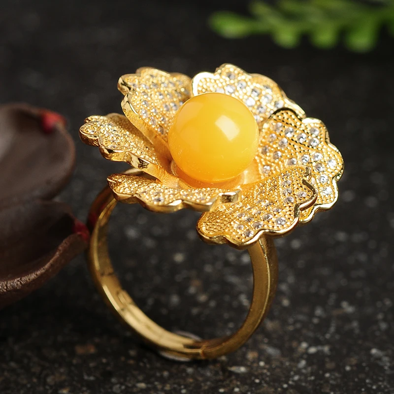 

925 Sterling Silver 100% Natural Beeswax Beads Flower Ring Women's Ring