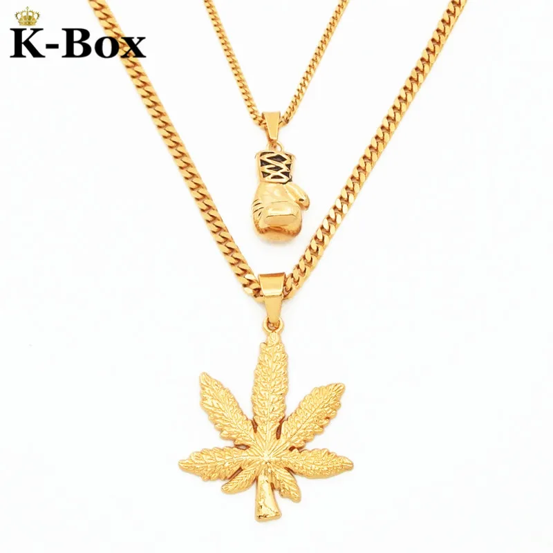Image Gold Plated Boxing Glove   Leaf Weed 3D Charm Pendant  and 24