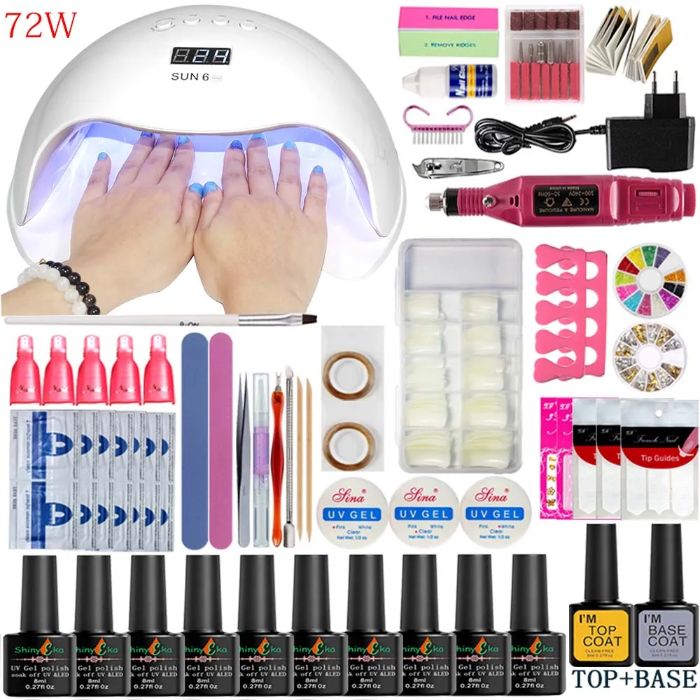 

UV Nail Lamp Manicure Set Choose 10 Colors Gel Polish Base Top Coat Nail Kits Extension UV Gel Kit Electric Manicure Handle Kit