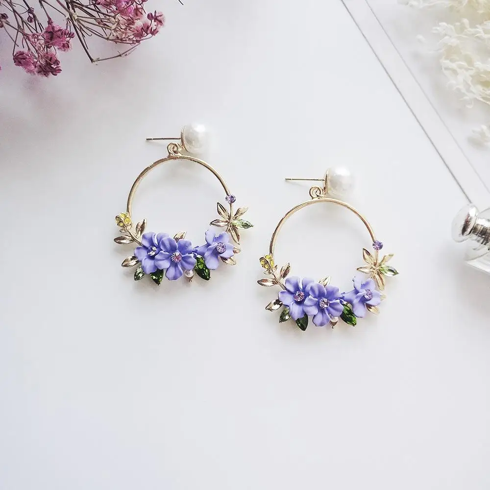 Dominated New Creative Individual Colored Crystal Flower Women Drop earrings Simple metal geometry long pearl earrings - Окраска металла: blue