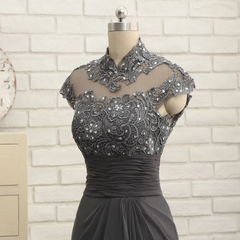 Gray Cap Sleeves Lace Beaded Open Back Long Mermaid Mother Of The Bride Dress in Mother of the Bride Dresses