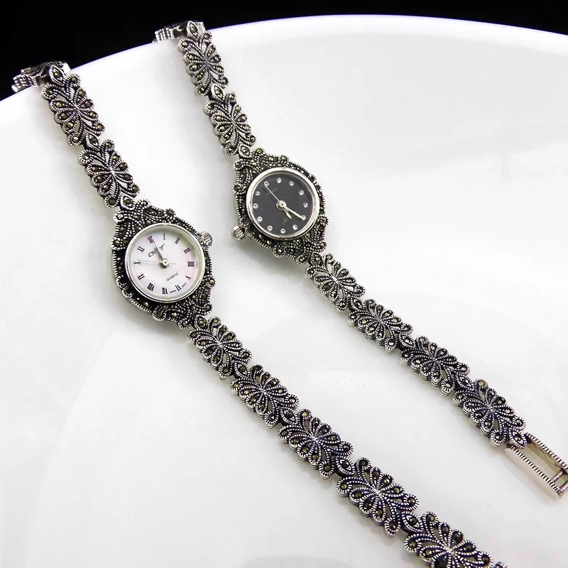 

Vintage Thai Silver Jewelry Wholesale S925 Sterling Silver Retro Pattern Watch Ladies New Quartz Watch Bracelet Fashion
