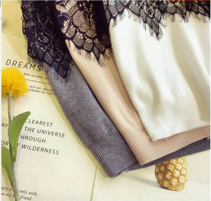 new fashion women autumn winter lace patchwork long sleeve loose knitted bottom sweaters pull femme new fashion women autumn winter lace patchwork long sleeve loose knitted bottom sweaters pull femme