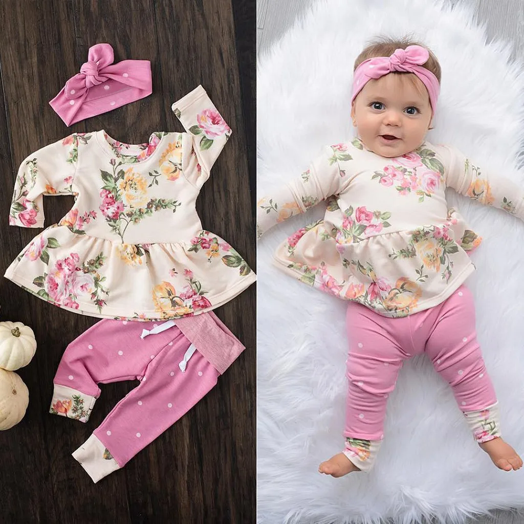

Korean version Baby Girl Clothes Set Long sleeve Floral O neck Tops Dress Pants Dot Leggings Outfits yenidogan newk giyim
