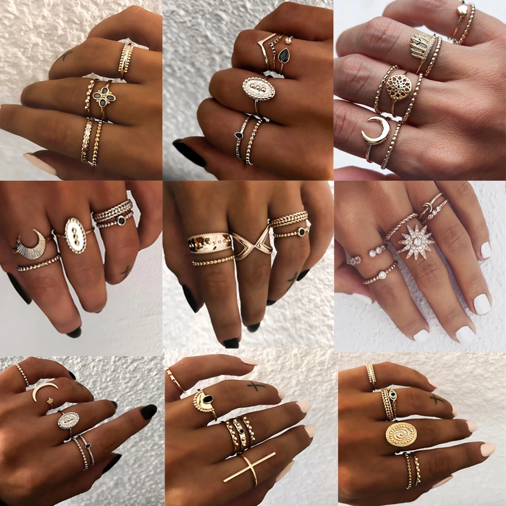 

6 pcs/set Bohemian Retro Alloy Moon Rings Set for Women Vintage Gold Color Star V Mix Shape Joint Finger Midi Rings Set Jewelry