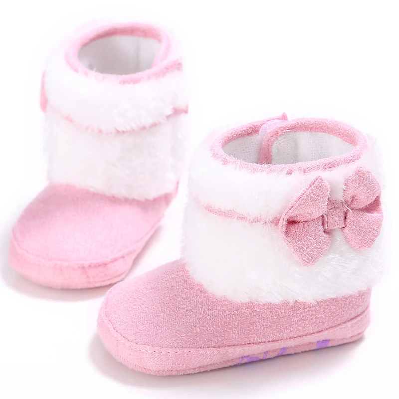 Для маленьких девочек бантом кроватки Сапоги зимние Повседневное мягкая подошва Prewalker теплая обувь Размеры 0-18 м
