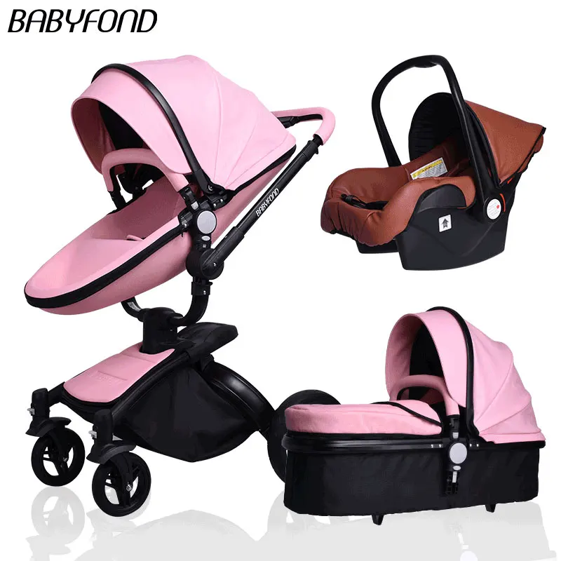 Babyfond 3 в 1 Роскошная Европейская детская коляска, кожаная Двусторонняя амортизационная коляска, брендовая детская коляска 2 в 1, золотисто-коричневая, бесплатные подарки - Цвет: pink with brown