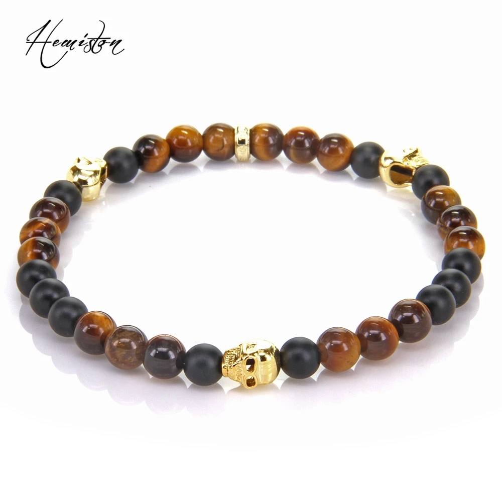 

Thomas 6mm Golden Skull, Tiger Eye and Black Obsidian Bead Bracelet, Rebel Heart Style Jewelry Gift for Women and Men TS 499