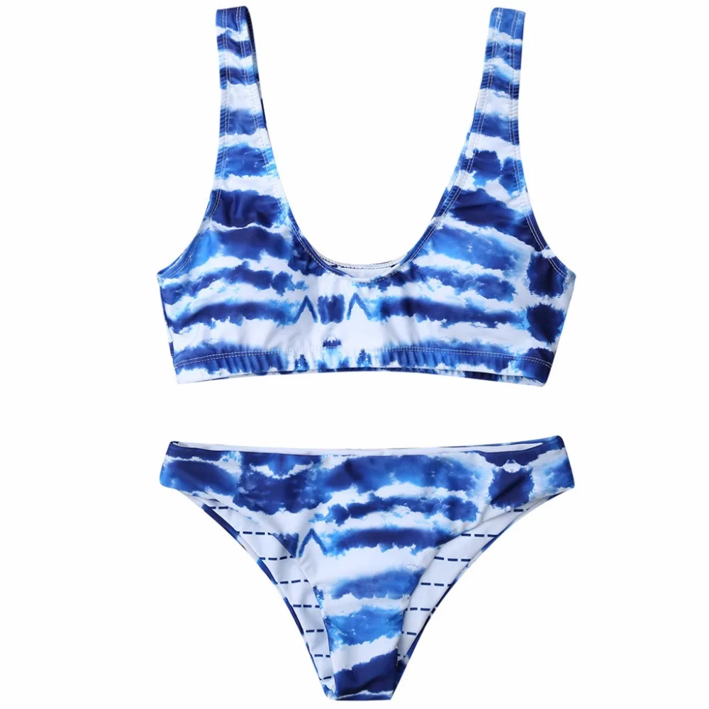 

Womail New Women Blue Waves Print Tankini Set Mid Waisted Bikini Swimwear Bathing Padded Bra Swimsuit Halter Beachwear I301221
