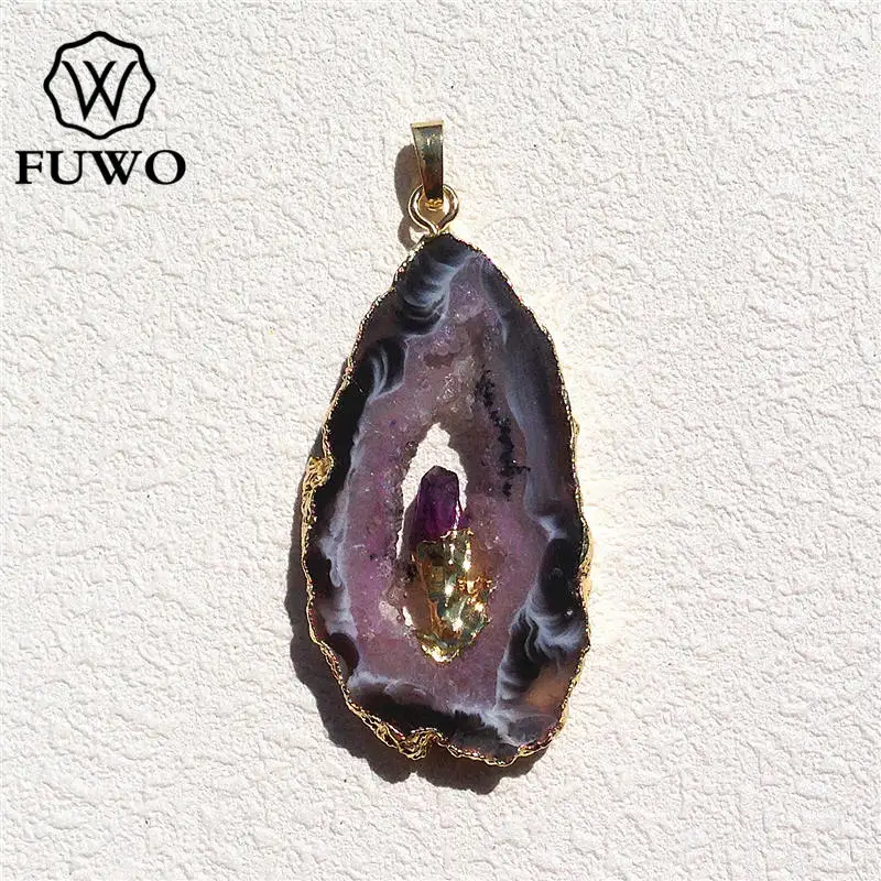 

FUWO Natural Geode Slice Pendant 24K Gold Electroplated Raw Crystal With Fixed Purple Quartz Charm Jewelry Wholesale PD083