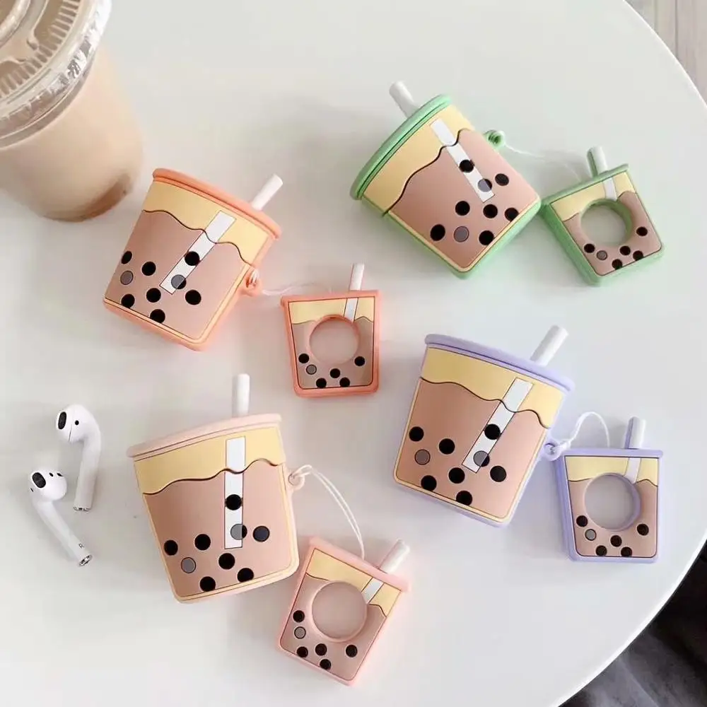 For AirPods 1 2 Case 3D Cartoon Cute Funny Milk Bubble Tea Drink Bottle Bluetooth Wireless Earphone Cover with Finger Ring Strap |