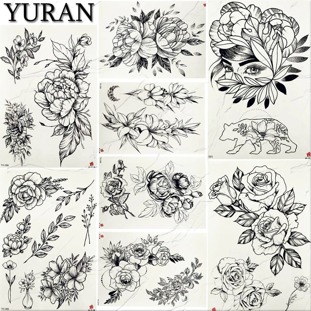 

YURAN Women's Fashion Sexy Tattoo Bracelet Black Flower Art Tattoo Stickers Fake Sketch Makeup Tatoos Temporary Girls Fake Rose