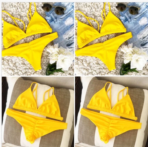 Летний сексуальный женский бюстгальтер пуш-ап, однотонный Желтый комплект бикини, купальник с низкой талией, купальный костюм, купальник, пляжная одежда
