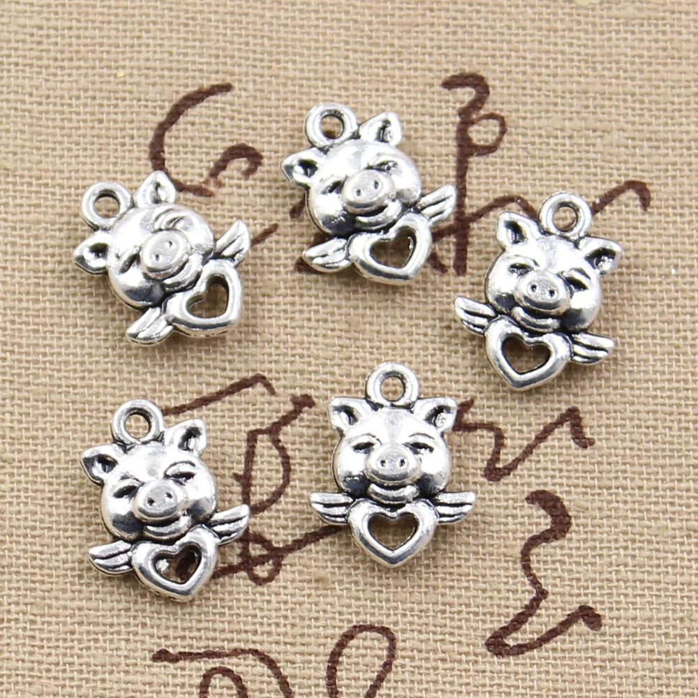 

8pcs Charms double sided fly pig heart 16x14mm Antique Making pendant fit,Vintage Tibetan Silver,DIY bracelet necklace