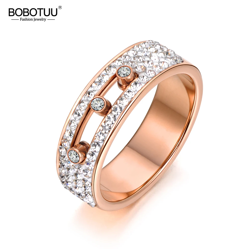 BOBOTUU Rose Gold Engagement 4 Row Crystal Finger 3 Slidable CZ Rings For Women Wedding Stainless Steel Jewelry BR18039 | Украшения и