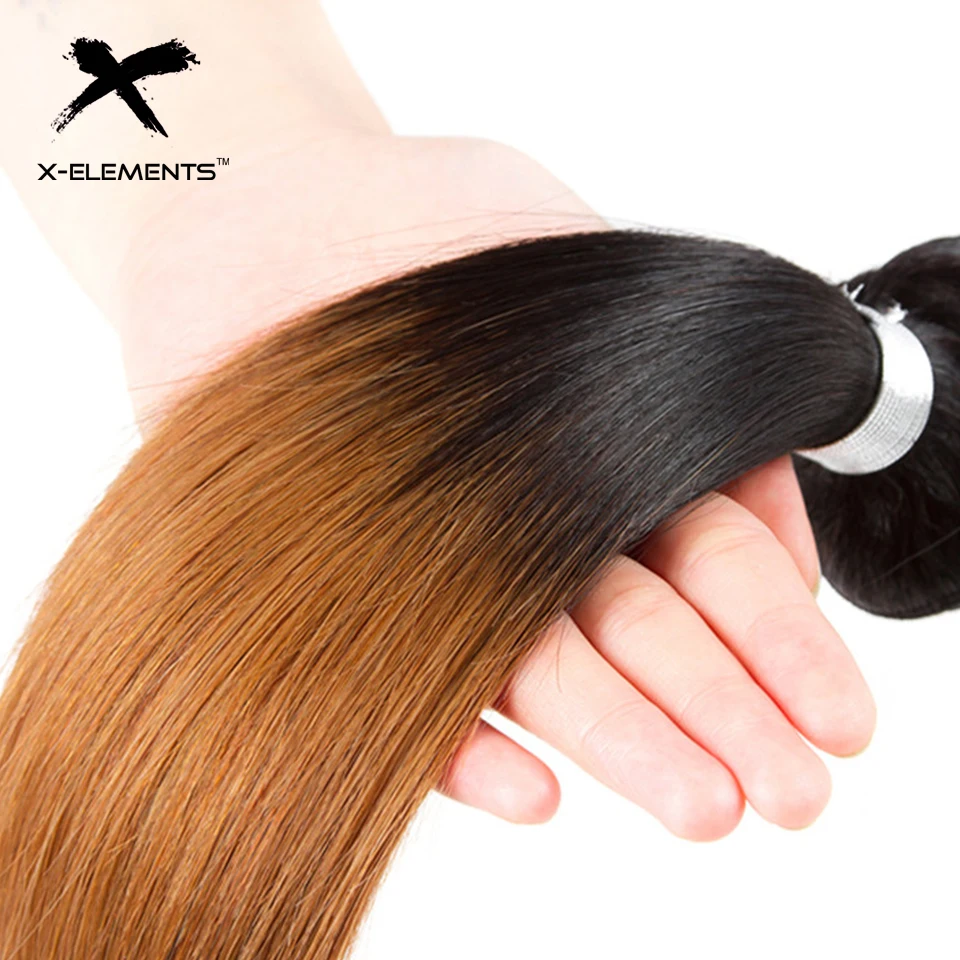 X-элементы блондин человеческие волосы пучки волос с закрытием 3 Связки с закрытием темные корни T1B/30 эффектом деграде(переход от темного к русые перуанские прямые волосы