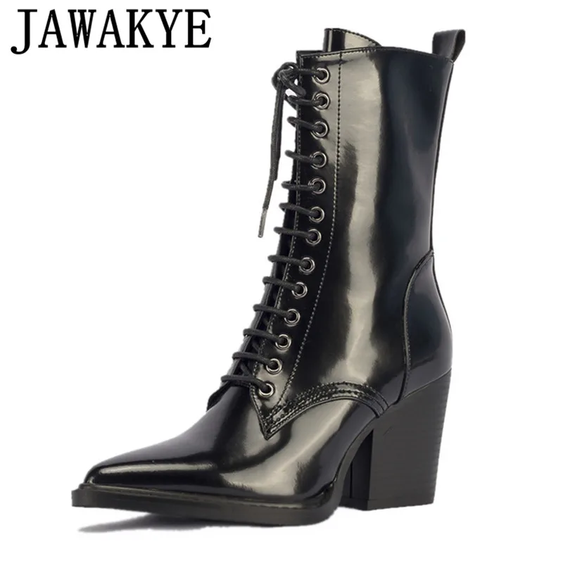 

2018 Knight Boots women lace up patent leather Ankle Boots pointy toe square high heels martin boots for ladies botas mujer