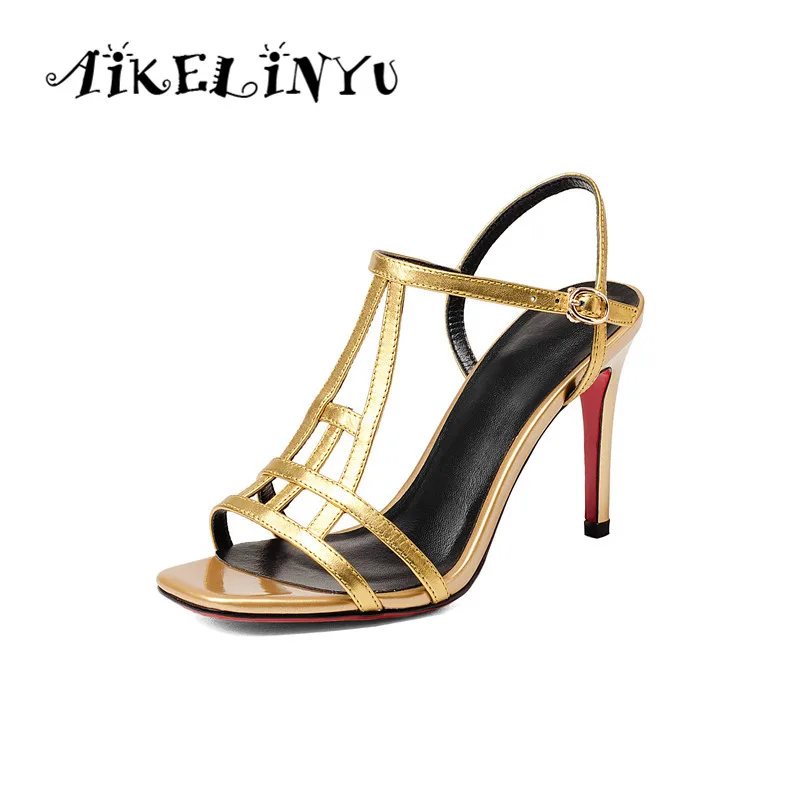 

AIKELINYU 2019 Summer Golden Wedding Sandals Fashion Square Toes Stiletto 9.5cm Party Lady Pumps Quality Sexy Woman Sandals Lady