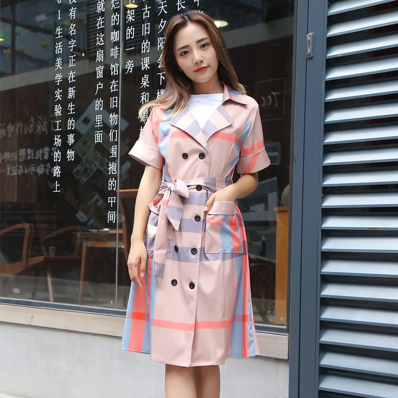 

Summer new plus size women fashion lattice double-breasted trench coat waist thin professional OL temperament plaid girls trench